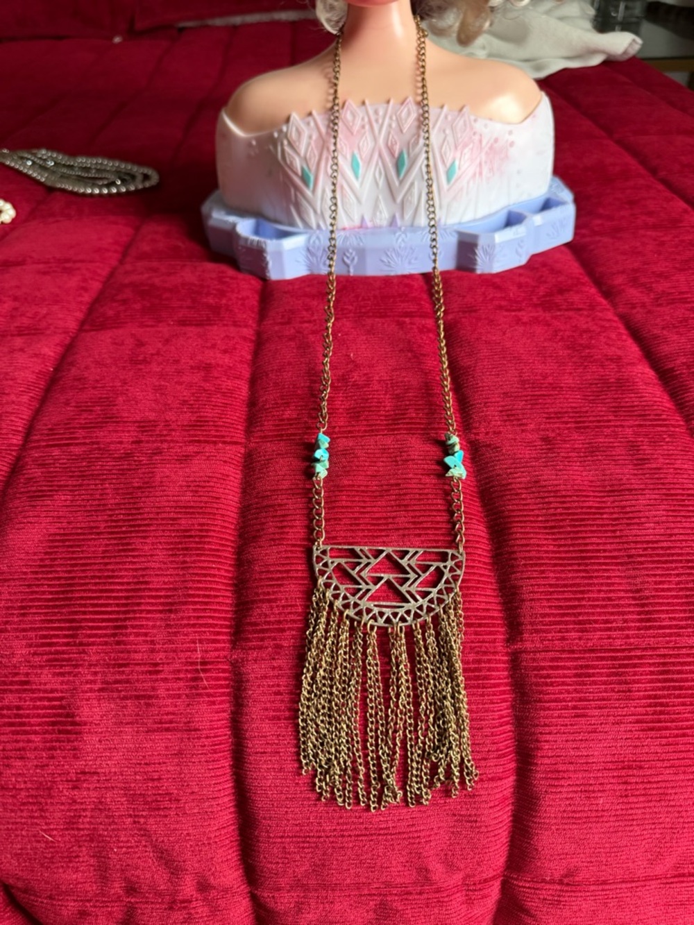 Gold-Tone Fringe Pendant Necklace with Turquoise Accents